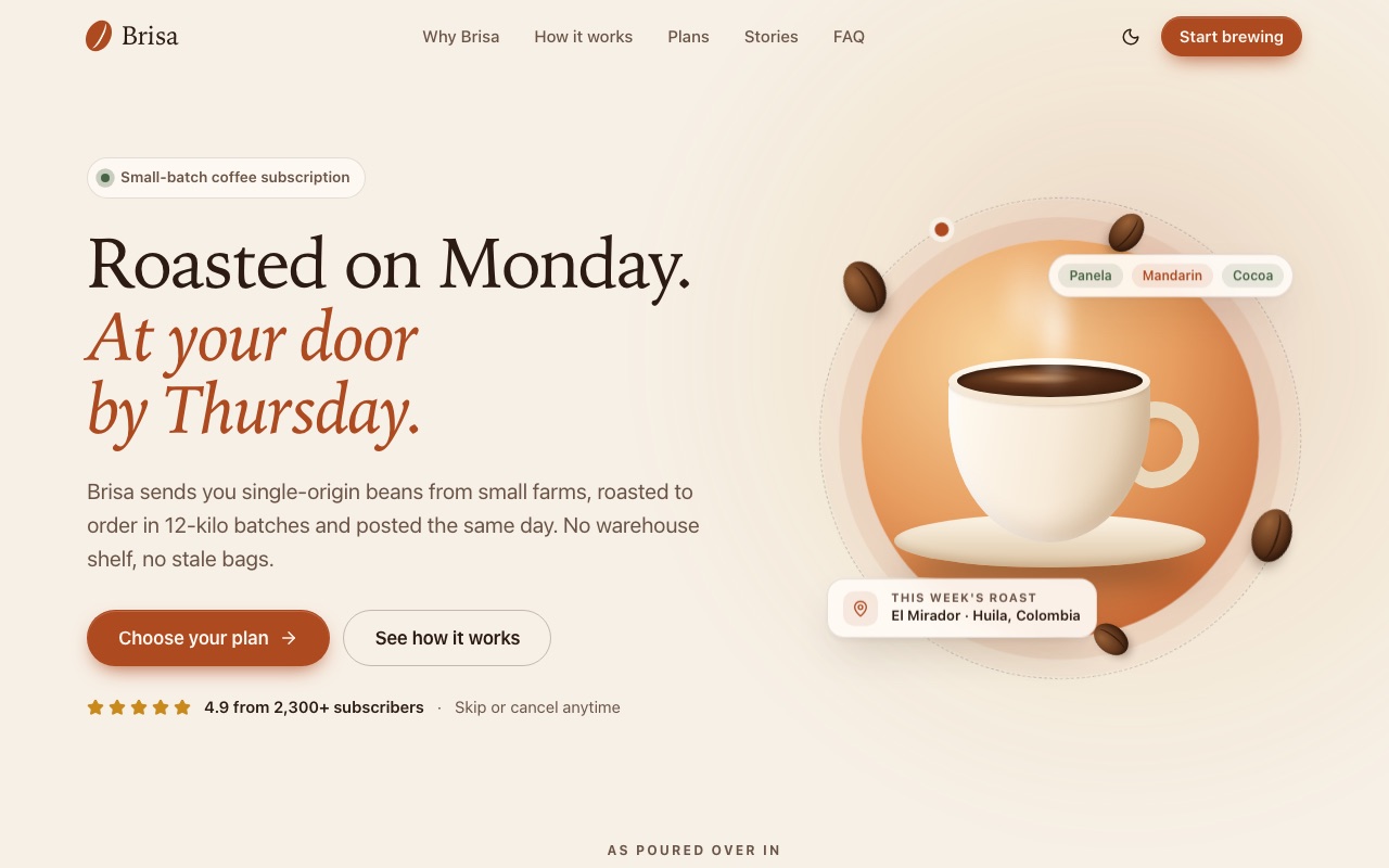 Brisa, a landing page: a screenshot of the demo